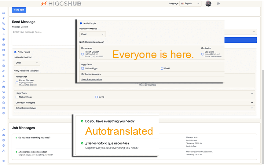 Production AI messaging center showing unified email and SMS conversations with automatic translation